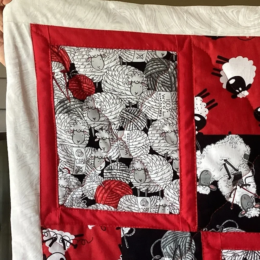 NWT. Black White and Red Sheep Lap Quilt Hand Crafted